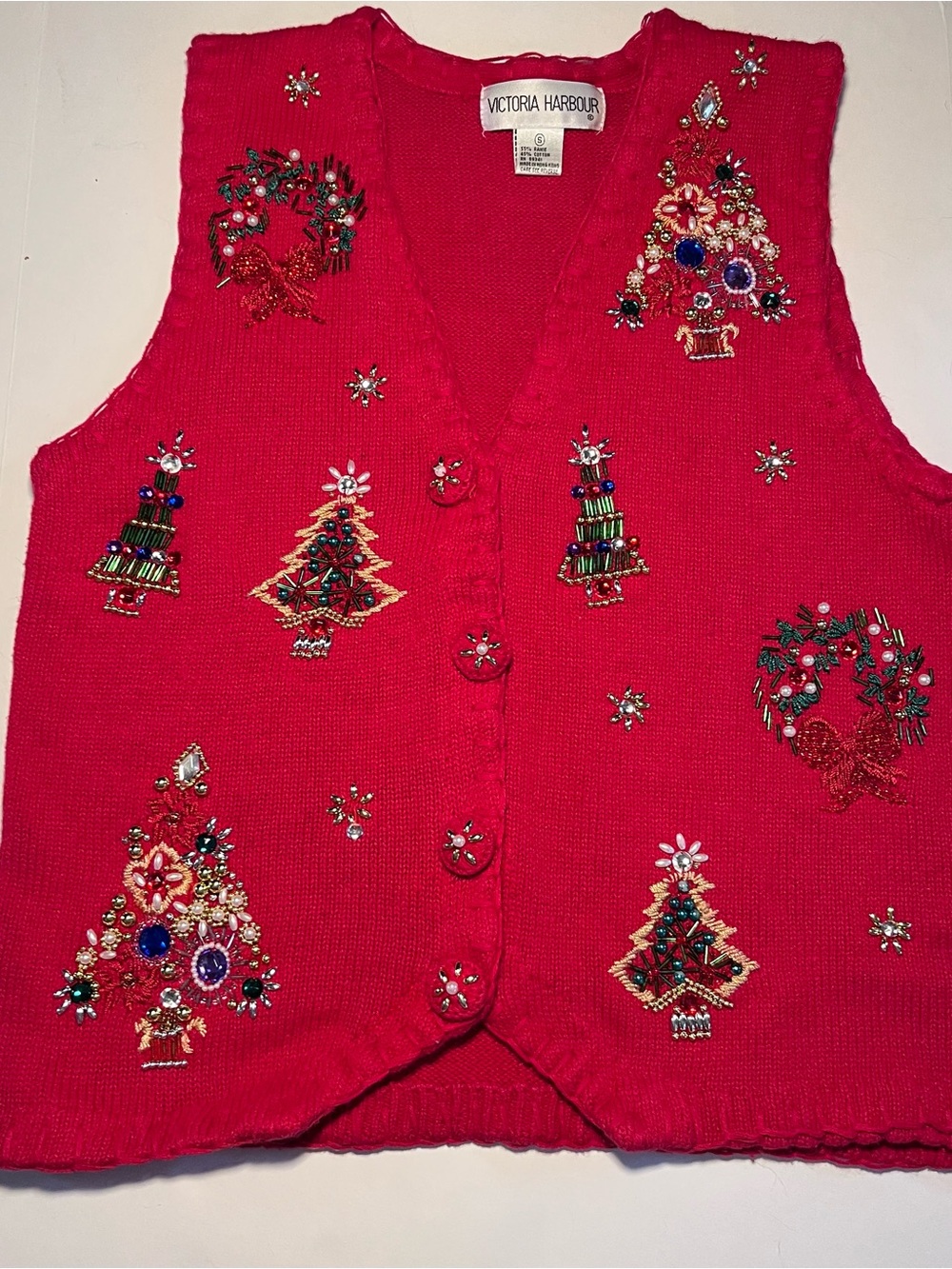 Vintage Victoria Harbour Beaded Christmas Sweater Vest Red Small